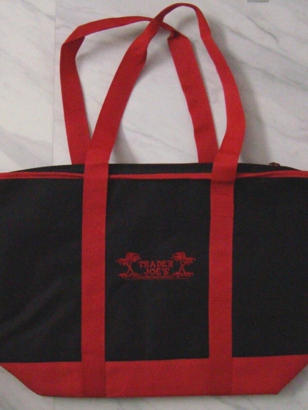 Trader Joe's Black Red Insulated Lg Cooler Tote Shopping Bag Top Zip